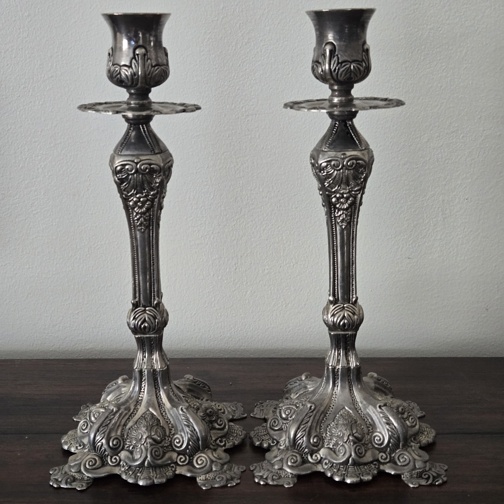 French Revival Hollywood Regency Style Ornate Floral Silver Plated Candlesticks